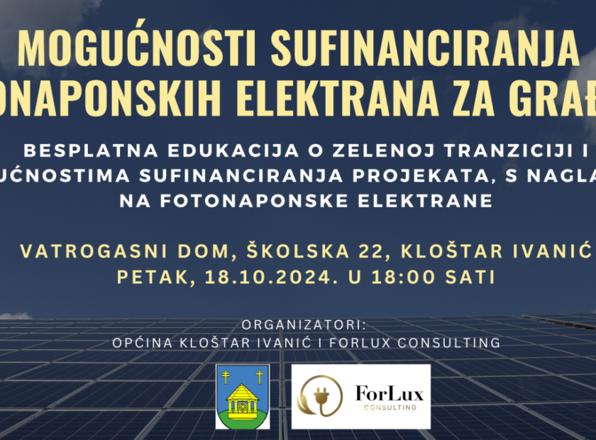 BESPLATNA EDUKACIJA za sve građane na temu mogućnosti sufinanciranja projekata obnovljivih izvora energije za kućanstva, s naglaskom na fotonaponske elektrane