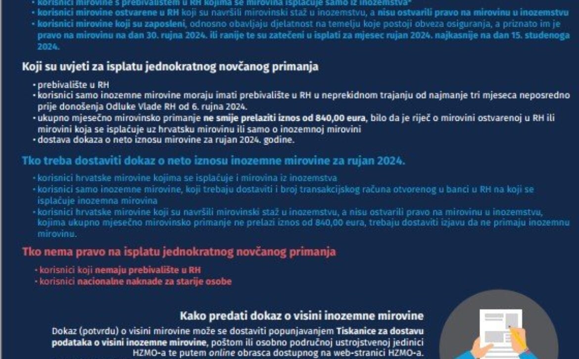 Isplata jednokratnog novčanog primanja u prosincu 2024. za korisnike kojima nije isplaćeno u listopadu 2024. - obavijest HZMO