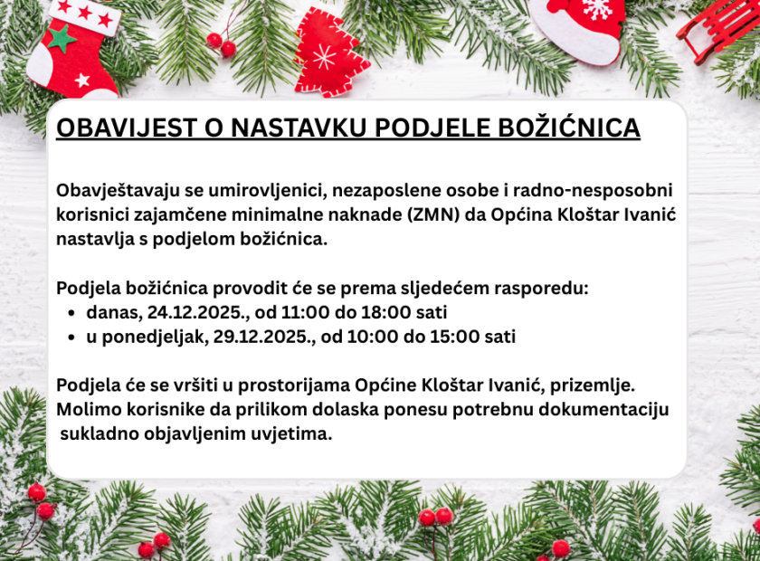 Obavijest o nastavku podjele božićnice