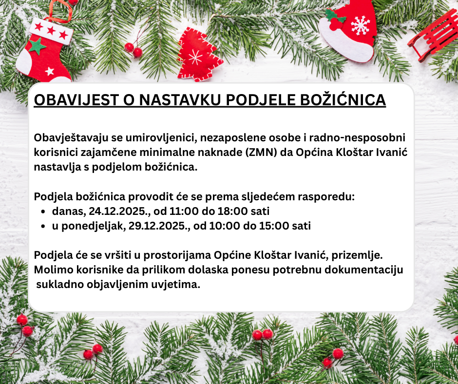Obavijest o nastavku podjele božićnice